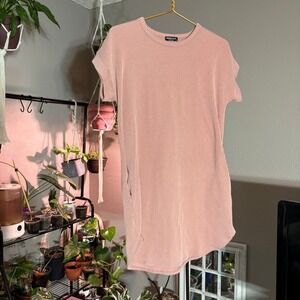 Pink Ribbed‎ Knit Tunic Top Short Sleeve Casual Dress